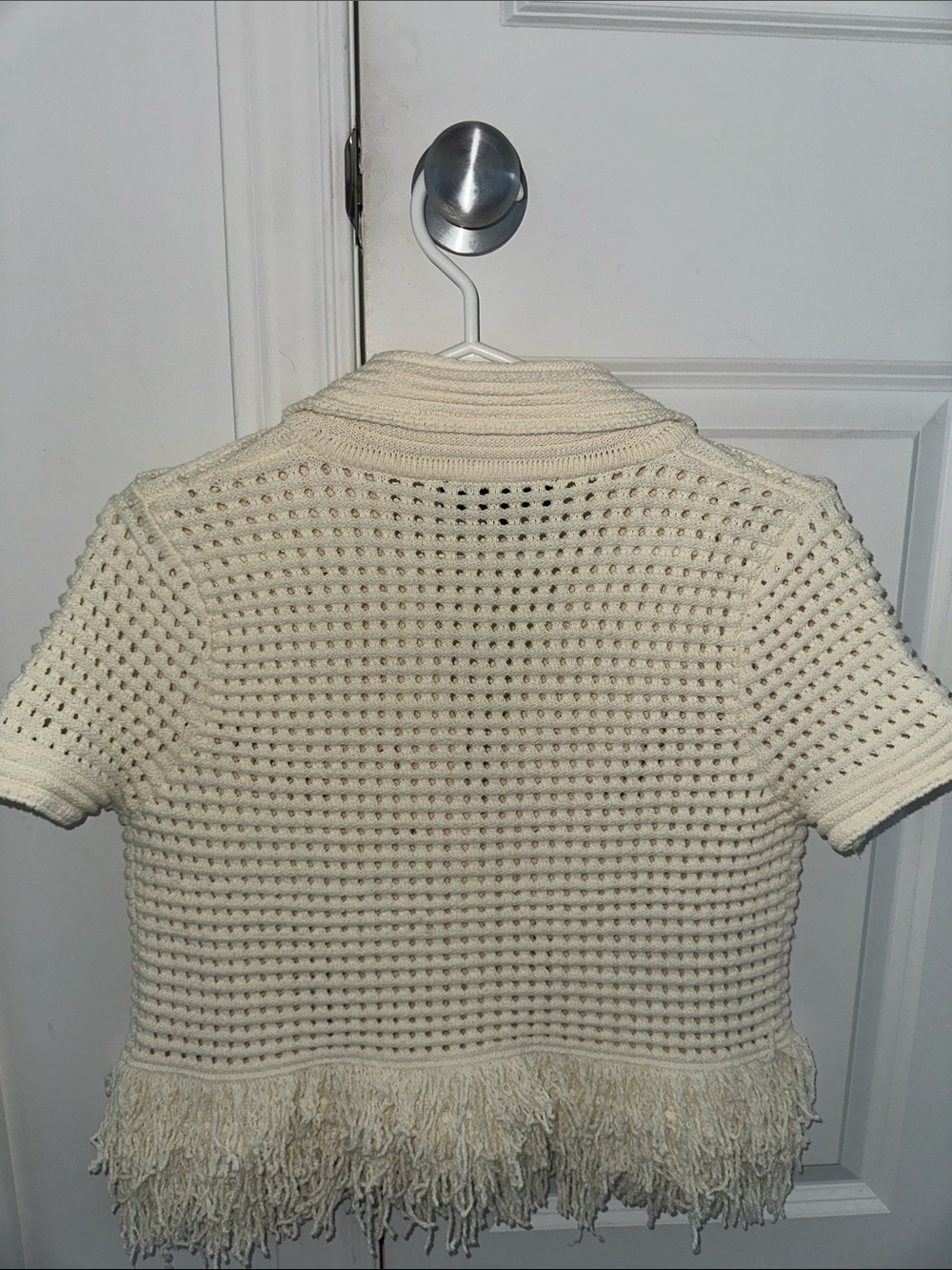 Like new Cream Crochet Fringe Short-Sleeve Sweater Cardigan - Picture 6 of 8
